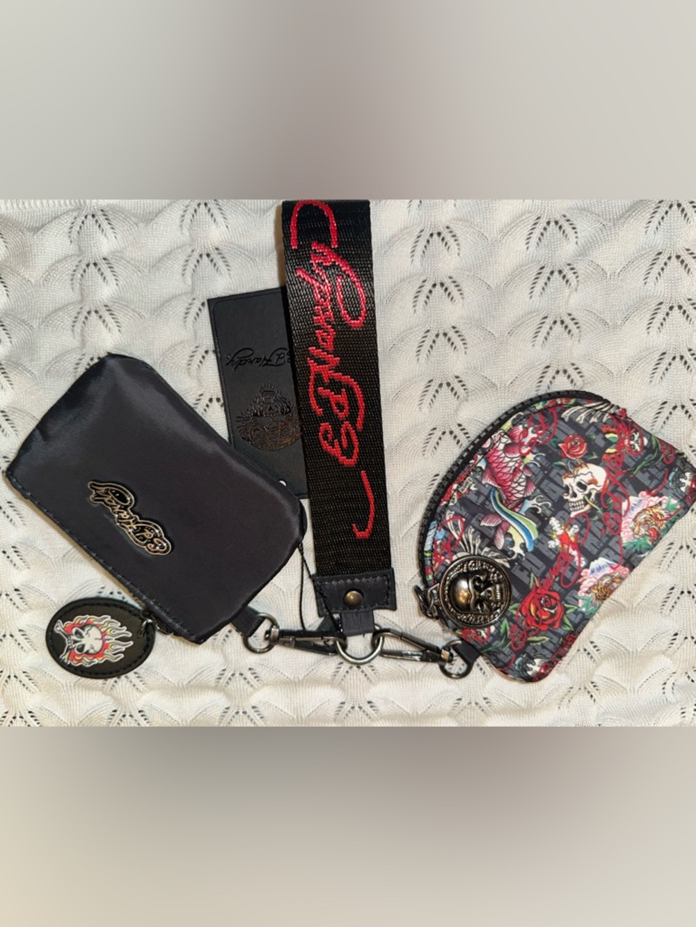 Ed Hardy Black 2 Pouch Wristlet Strap with Red Script and Skull Hardware